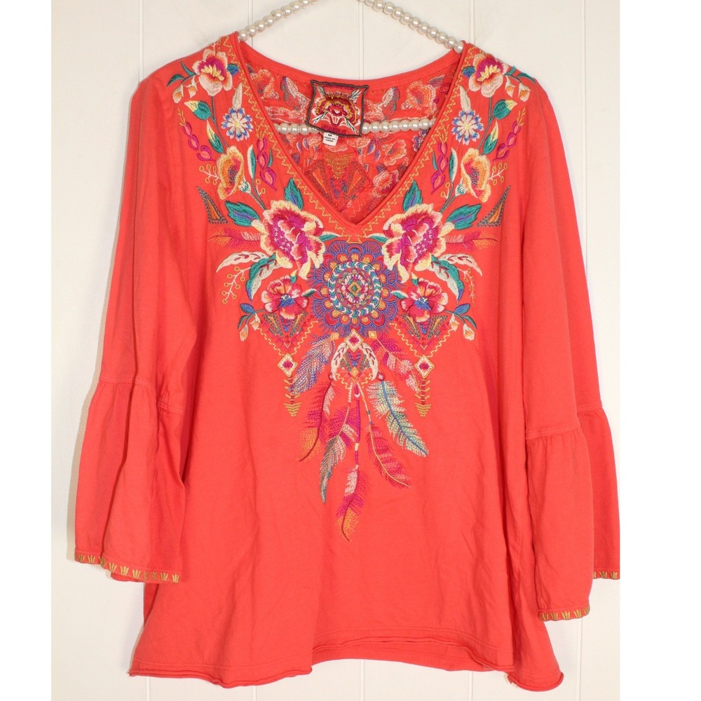 Johnny Was Darielle Pink Floral Bell Sleeve Embroidered Cotton Blouse Size Med